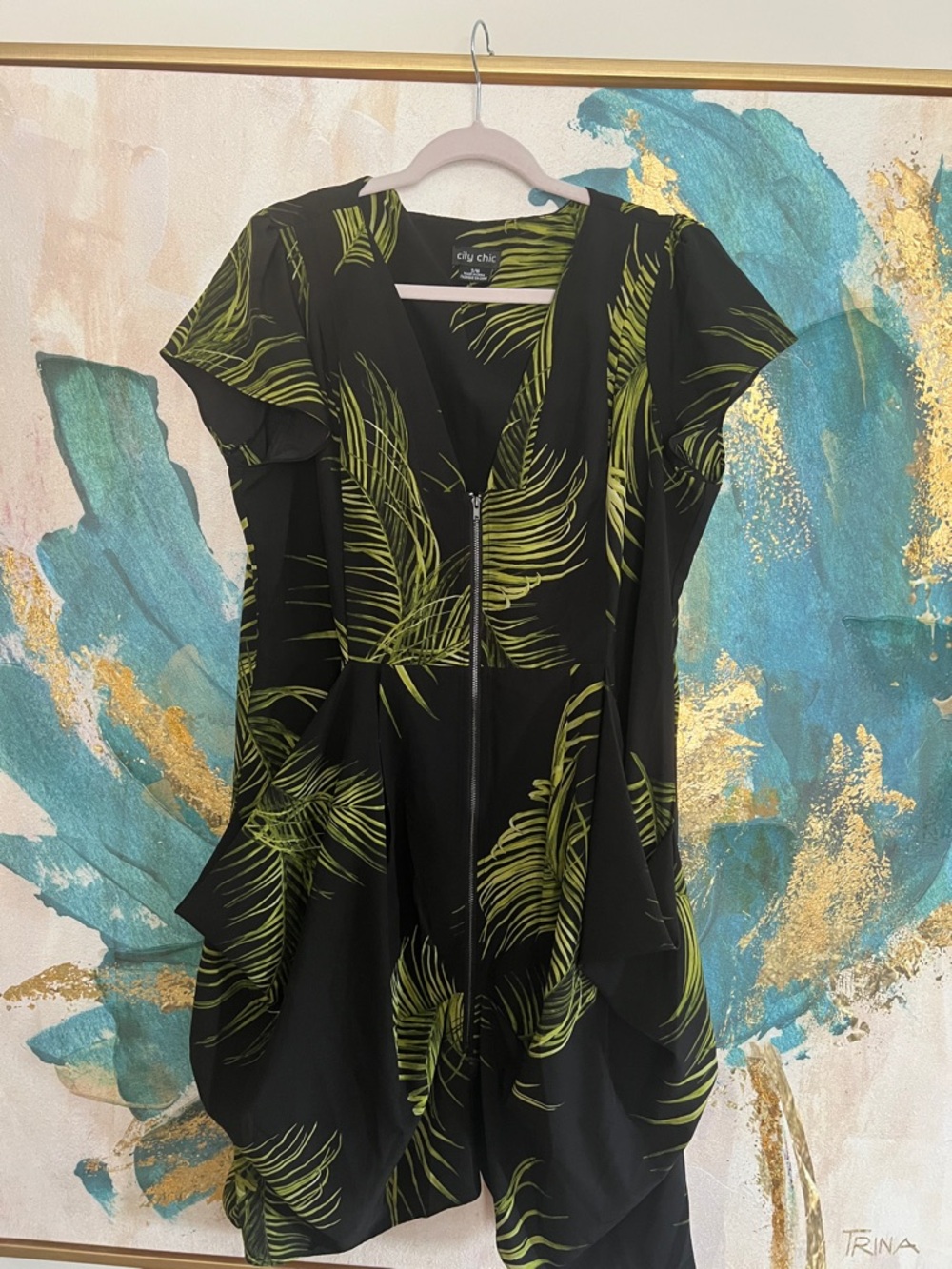 City Chic Black Tunic with Lime Palm Print and Front Zip Closure